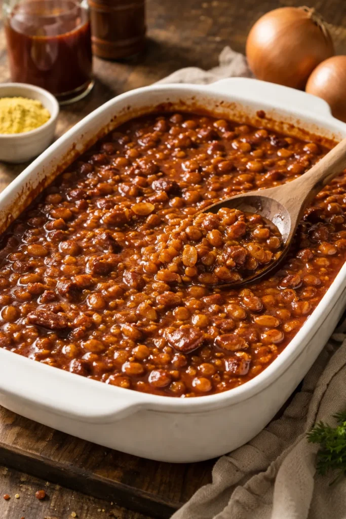 8 Baked Bean Recipes for Summer BBQs 5 Close-up of Dad's Famous BBQ Baked Beans with Ground Mustard in a baking dish.