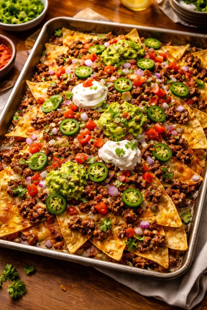 Loaded beef nachos on a baking sheet with beef and cheese