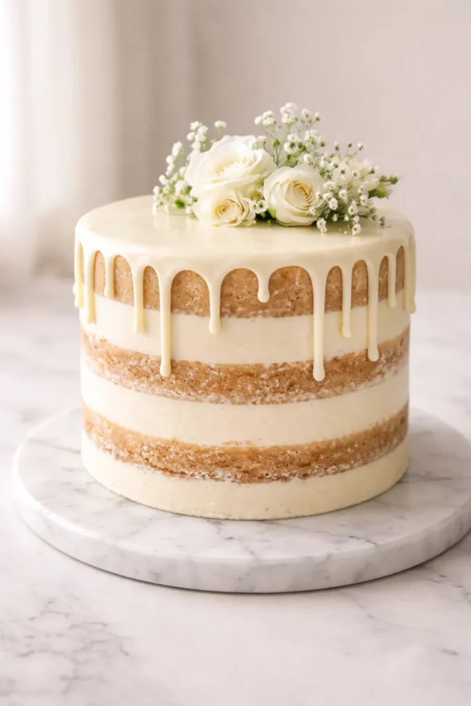 Naked cake with visible layers and a light ganache drip, minimal decoration
