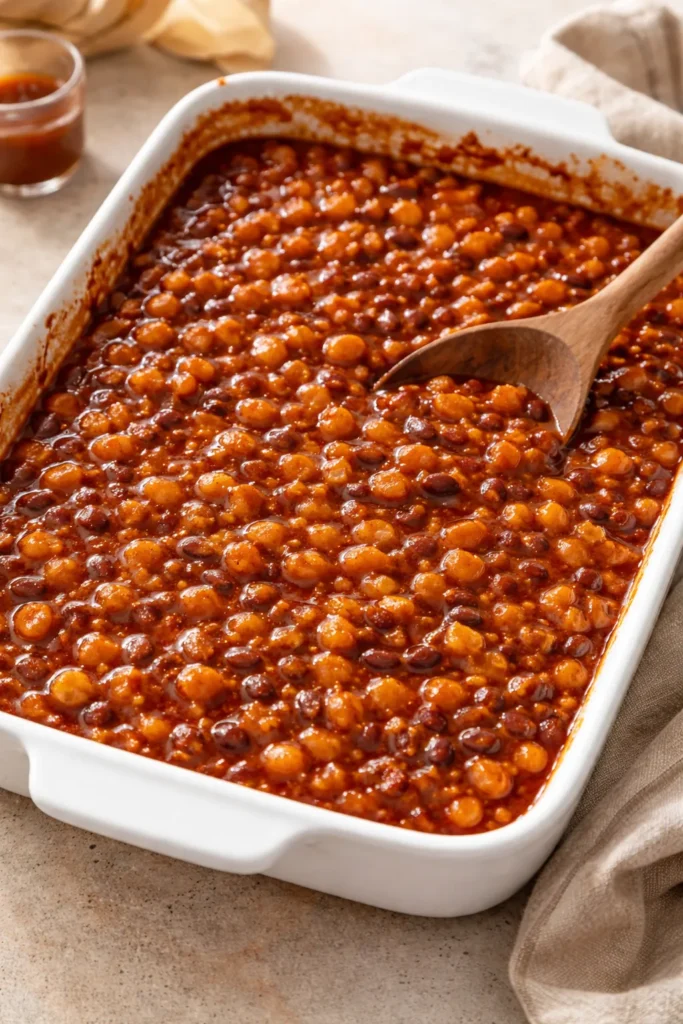 8 Baked Bean Recipes for Summer BBQs 8 Navy beans in glossy BBQ sauce in a ceramic baking dish.