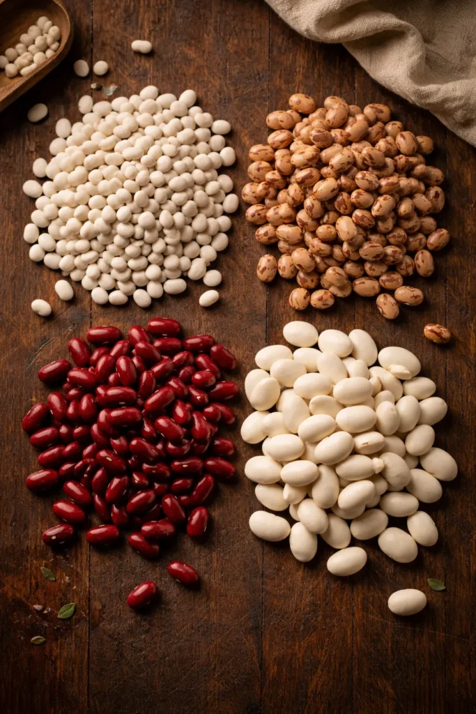 8 Baked Bean Recipes for Summer BBQs 9 Assorted navy, pinto, red kidney, and Great Northern beans arranged on wood.