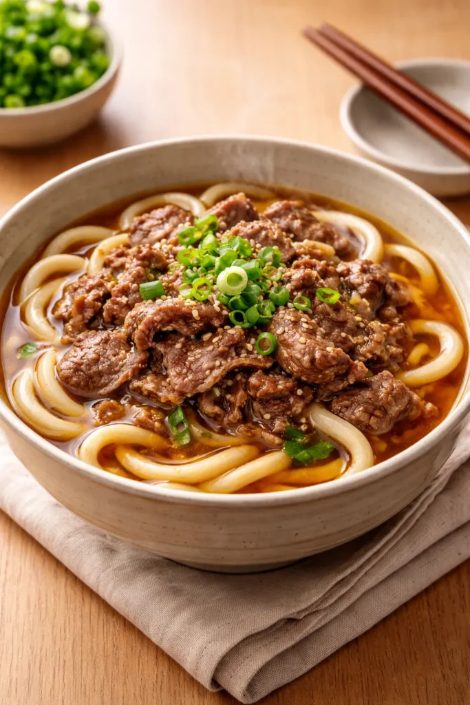 Bowl of Niku Udon with beef slices in broth.