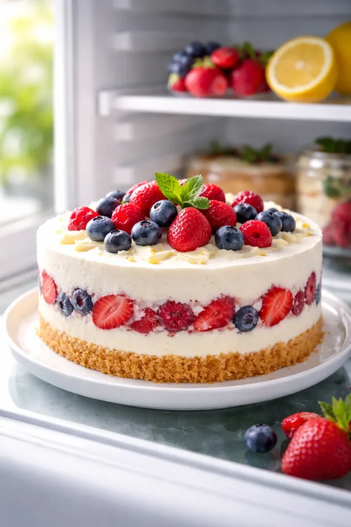 5 Easy No Bake Cakes Perfect for Summer 1 No-bake summer cake with fruit layers, chilled in a bright kitchen