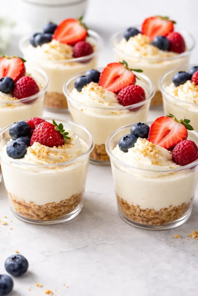 15 Easy Cream Cheese Dessert Recipes 13 Close-up of mini no-bake cheesecake cups showing crust and creamy filling