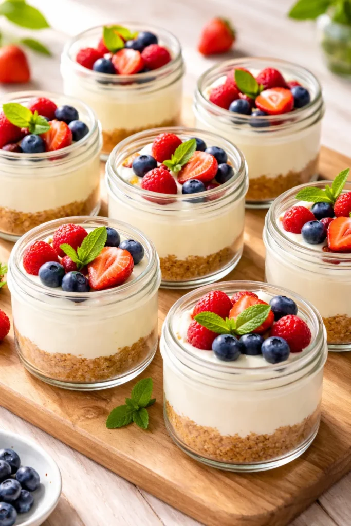 15 Crowd-Pleasing Desserts for Summer BBQs 1 Individual no-bake cheesecake jars with graham crust and creamy filling on a light wood surface