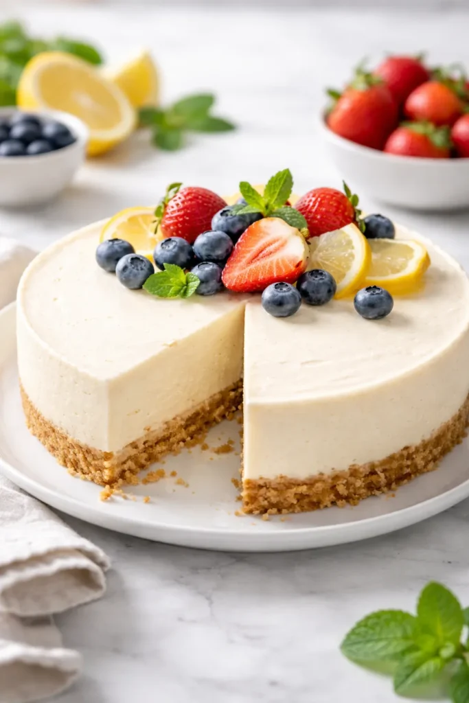 10 No Bake Cheesecakes for Hot Summer Days 1 No-Bake cheesecake on plate with creamy filling and graham crust