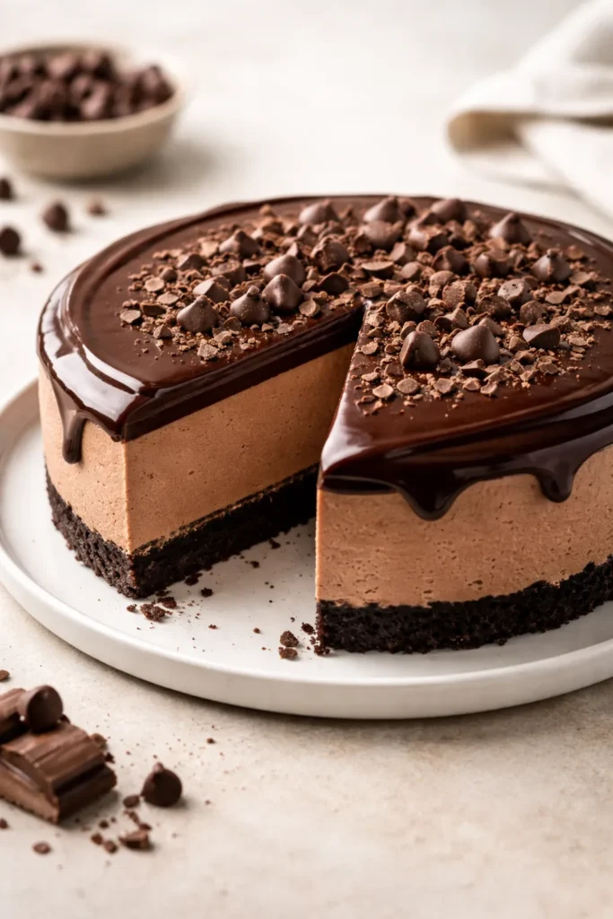 10 No Bake Cheesecakes for Hot Summer Days 5 Chocolate ganache-topped no-bake cheesecake on plate