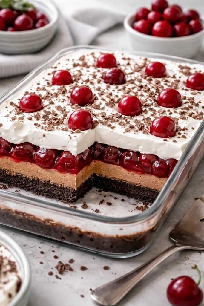 10 Easy Chocolate Cherry Desserts for Cravings 1 Close-up of No-Bake Chocolate Cherry Lush in a glass dish with Oreo crust, chocolate cheesecake, cherry filling, and whipped cream