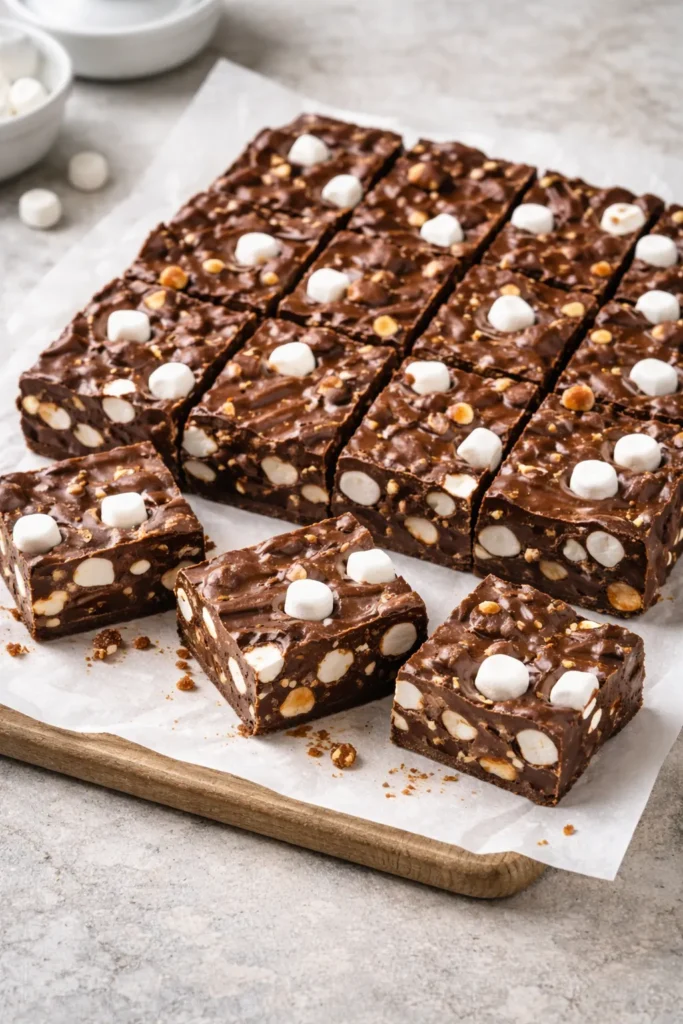 8 Quick Desserts When You Want Something Sweet 9 Dense chocolate fudge slab with mini marshmallows on parchment