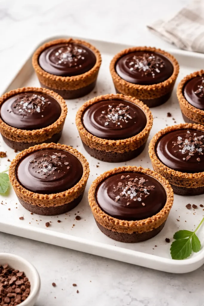 8 Easy Chocolate Dessert Recipes to Try 5 Mini chocolate ganache cups with cookie crust on a tray.
