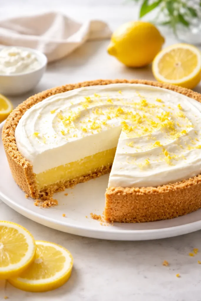 15 Easy Cream Cheese Dessert Recipes 1 Close-up of lemon cream cheese pie slice on a plate showing bright filling and creamy topping