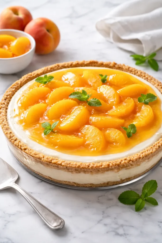 10 Canned Peach Desserts When You're In a Rush 8 No-bake peach yogurt pie with glossy top and crust edge