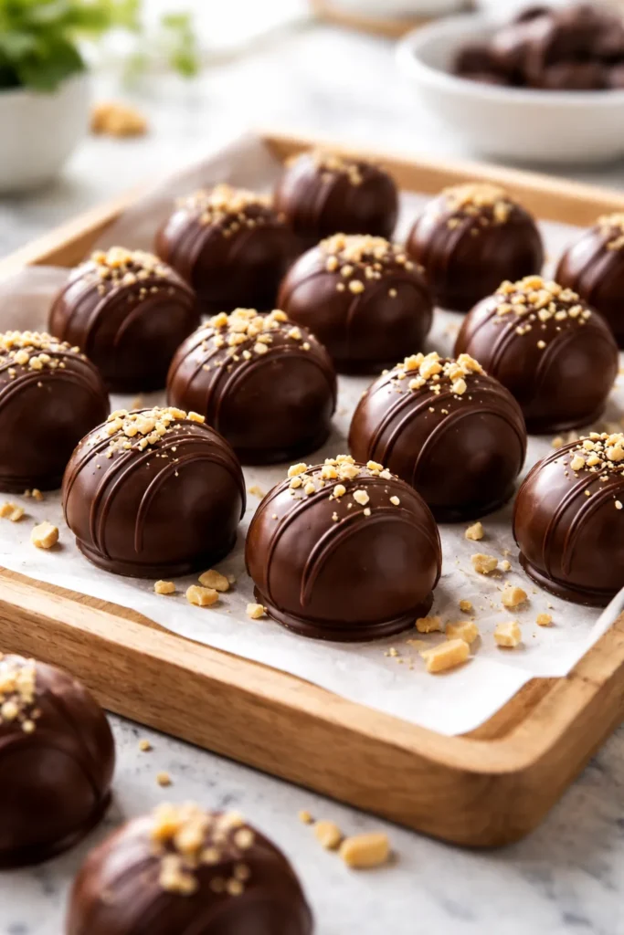 12 Fun Family Night Desserts to Make Together 1 Close-up of chocolate peanut butter bites on parchment on a wooden kitchen counter