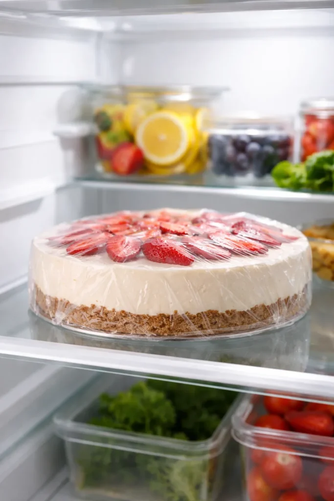 5 Easy No Bake Cakes Perfect for Summer 8 No-bake cake wrapped in plastic wrap on refrigerator shelf
