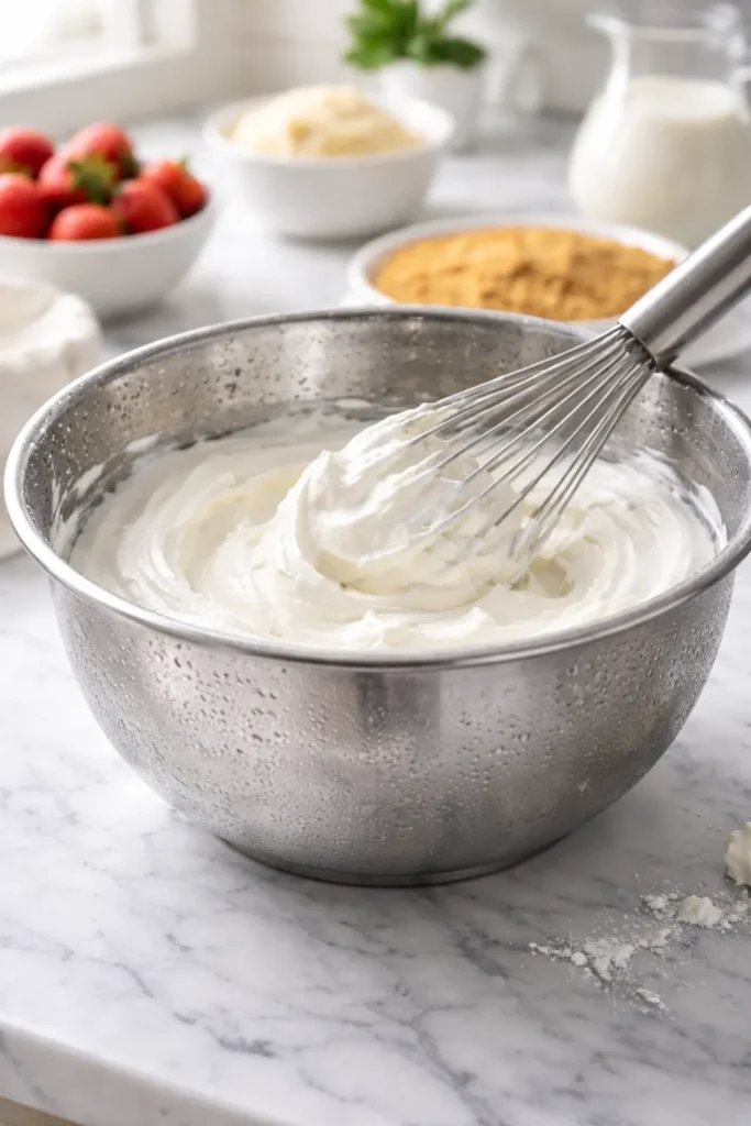 5 Easy No Bake Cakes Perfect for Summer 7 Close-up of cold metal bowl with whipped cream for no-bake cakes