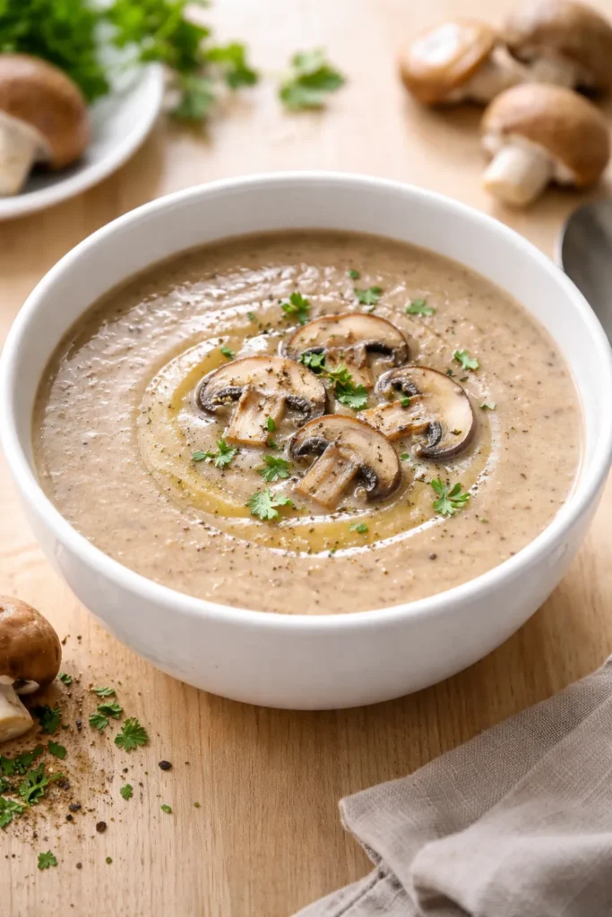 Silky no-cream blended mushroom soup in a bowl