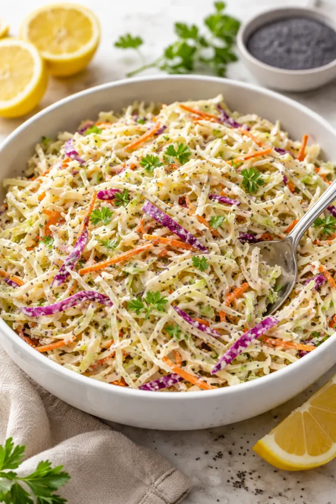 Crunchy no-onion coleslaw with lemon and poppy seeds