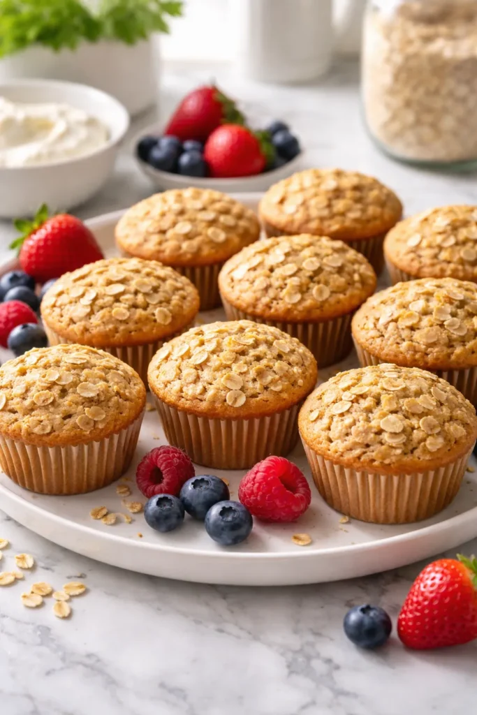 Muffins made with rolled oats and eggs on a plate with berries.
