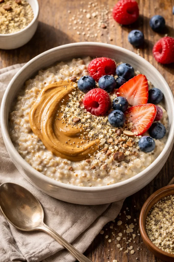 10 High Protein Breakfasts for Busy Mornings 12 Oatmeal bowl with almond butter and hemp seeds