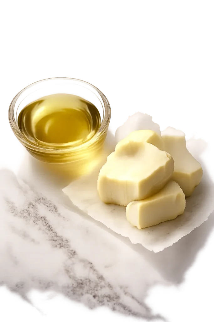 Butter and oil side by side on a marble surface