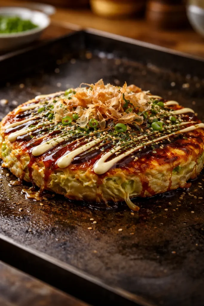 Close-up of okonomiyaki pancake on a hot griddle with cabbage texture and glossy sauce