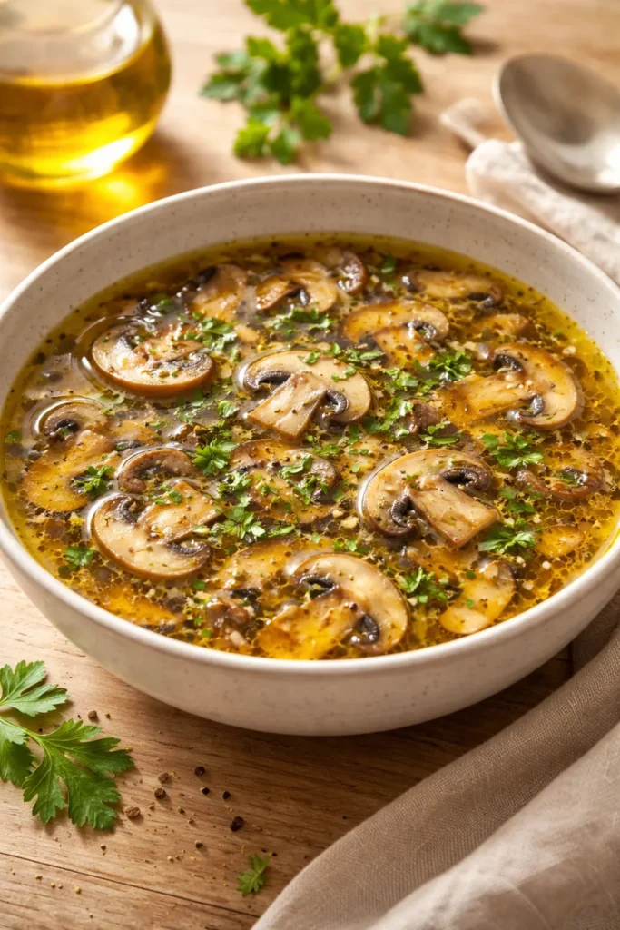 Olive oil mushroom soup with mushrooms in a bowl
