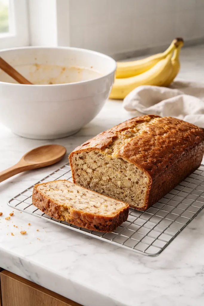 8 Banana Bread Recipes You'll Bake on Repeat 3 A fresh banana bread loaf next to a single mixing bowl and wooden spoon
