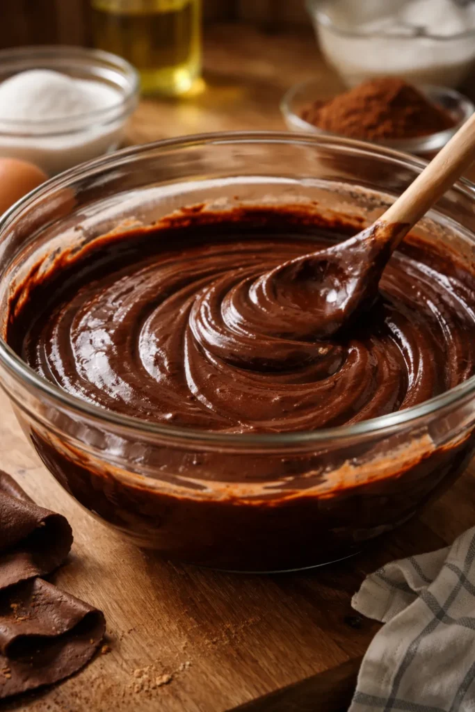 Easiest One Bowl Chocolate Cake For Beginners 1 Close-up of glossy chocolate batter in a single mixing bowl