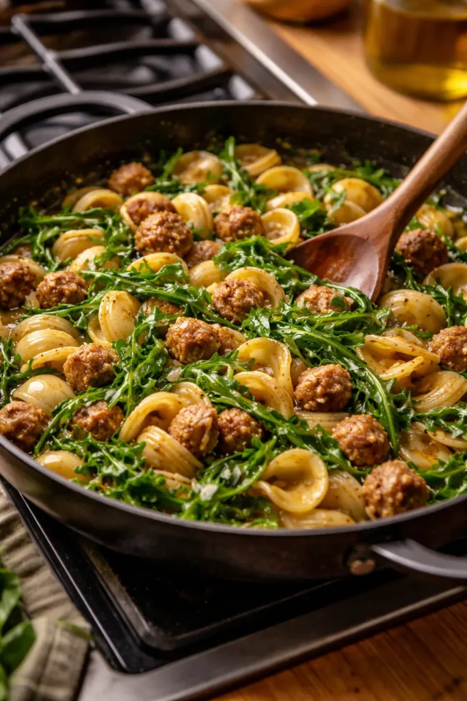 12 Easy Pasta Dinners Better Than Takeout 13 Skillet with sausage, pasta, and arugula in glossy sauce