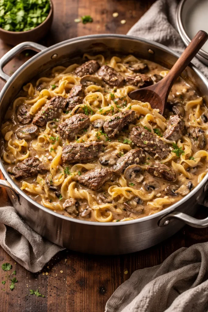12 Easy Weekend Dinners for a Chill Night 5 Beef stroganoff with mushrooms and noodles in a creamy sauce in a pot