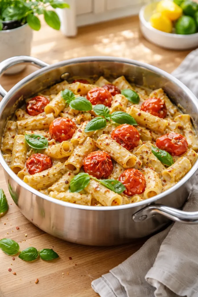 10 One-Pot Pasta Recipes With Easy Cleanup 11 Creamy vegan pasta with bursting cherry tomatoes in a pot