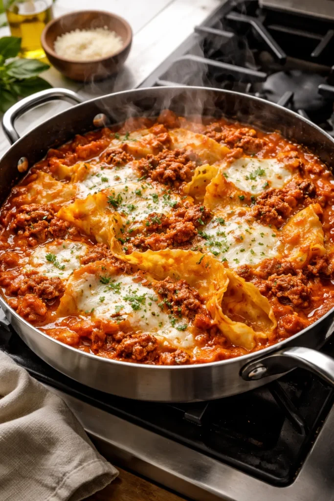 8 Stovetop Dinners When You're Short on Time 3 Skillet with lasagna noodles cooking in tomato sauce and cheese