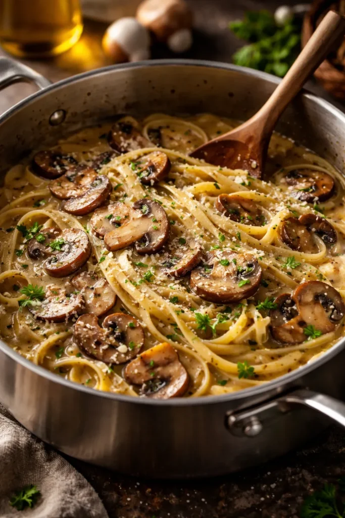 10 One-Pot Pasta Recipes With Easy Cleanup 10 Mushrooms browning in butter with pasta and parmesan in a pot