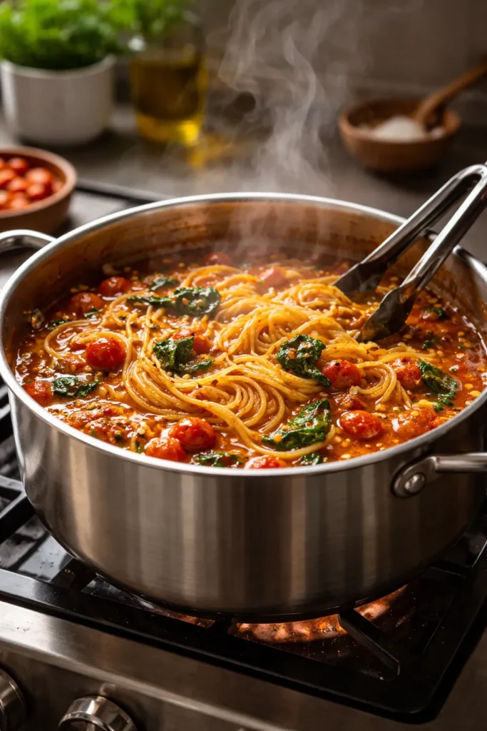 10 One-Pot Pasta Recipes With Easy Cleanup 1 One-pot pasta cooking in a single pot with steaming glossy sauce; no text