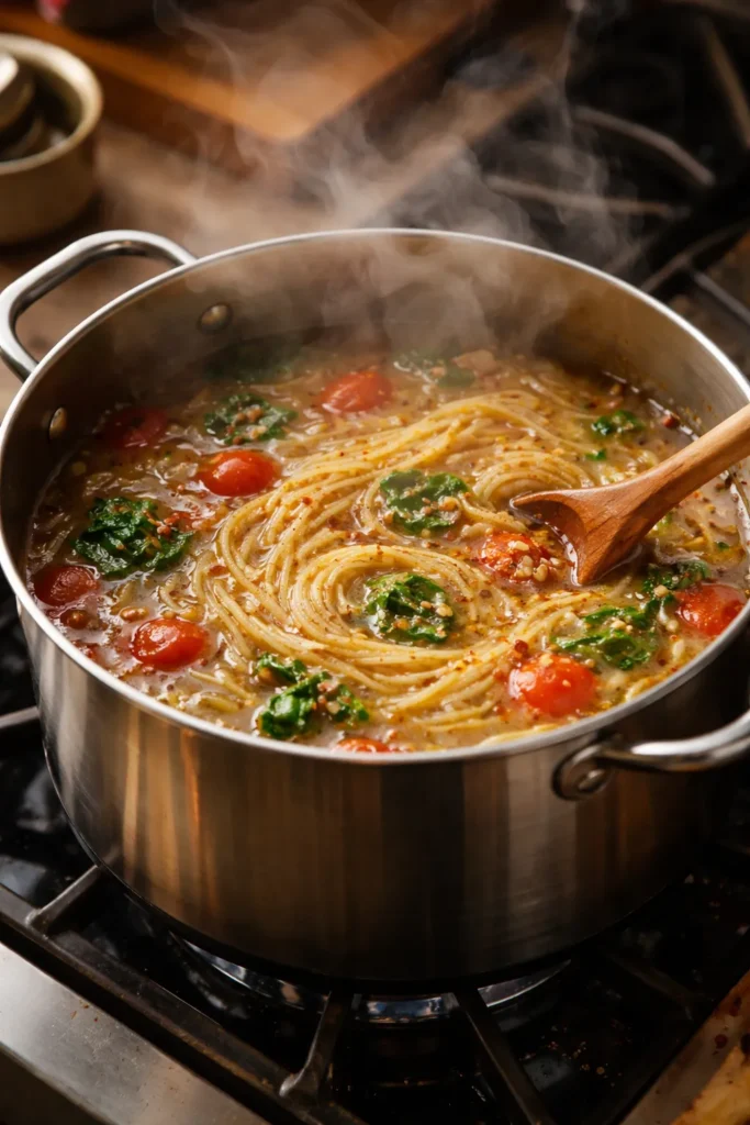 10 One-Pot Pasta Recipes With Easy Cleanup 14 Close-up of a simmering one-pot pasta in a wide pot with steam rising