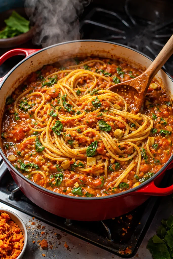 12 Kid-Friendly Dinners Beyond Chicken Nuggets 4 One-pot pasta in tomato sauce with visible bits of carrot and greens