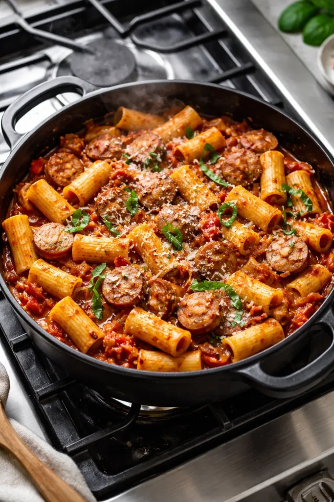One-pot sausage rigatoni in tomato sauce on a stovetop