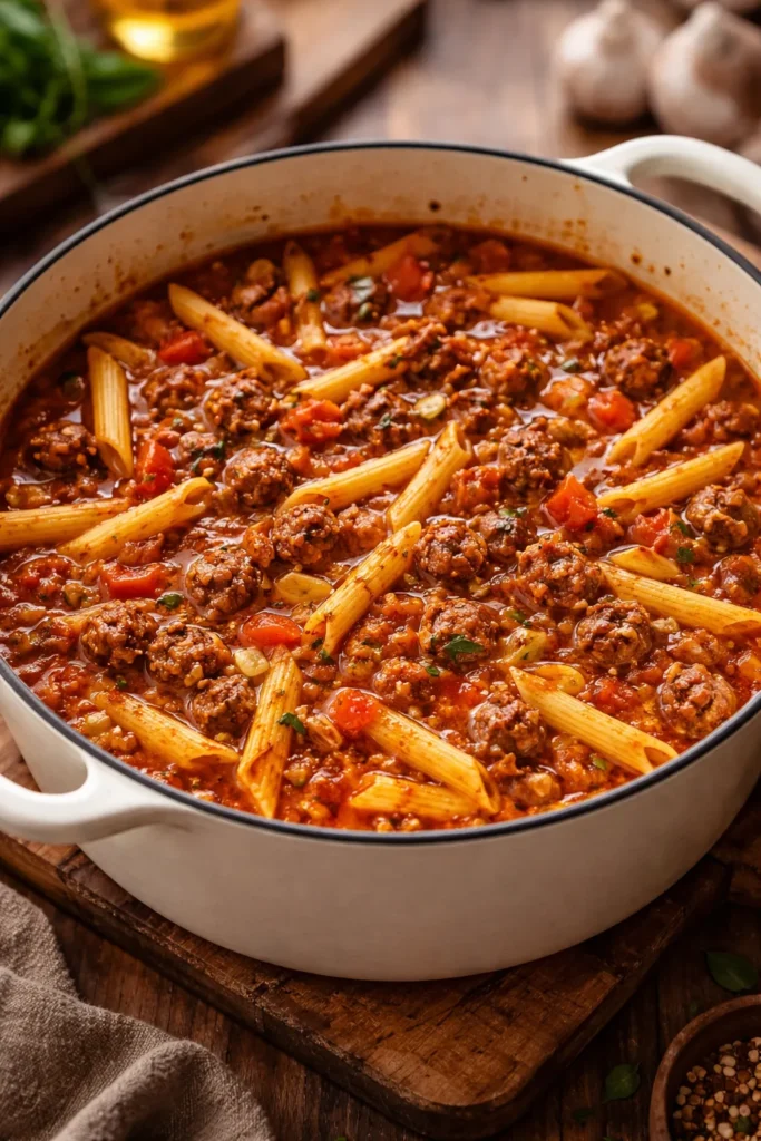 10 One-Pot Pasta Recipes With Easy Cleanup 8 Close-up of browned spicy Italian sausage with tomato sauce and penne in a pot