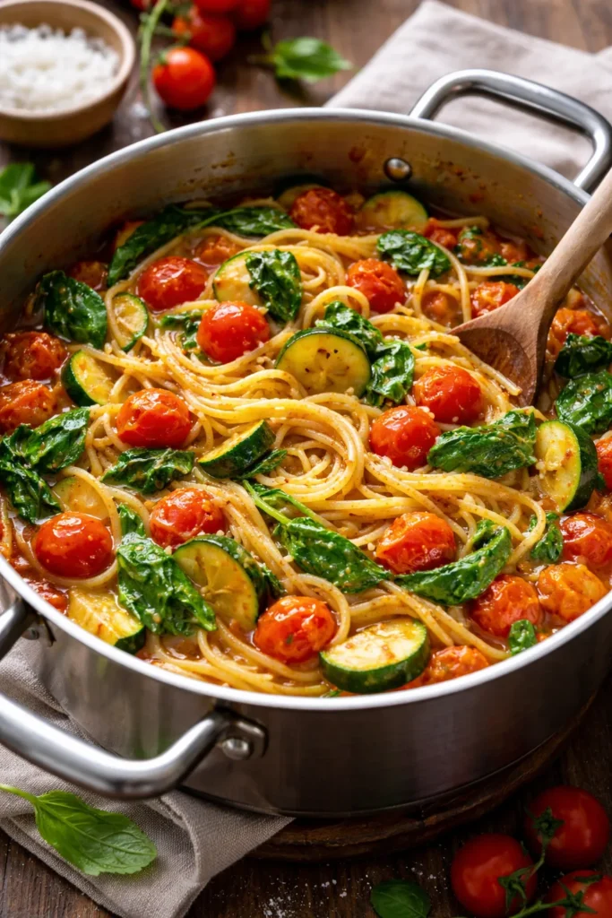 10 One-Pot Pasta Recipes With Easy Cleanup 7 Close-up of one-pot vegetable pasta with cherry tomatoes and zucchini in a bubbling sauce