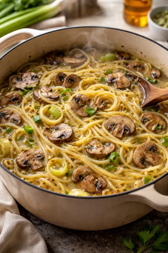 10 One-Pot Pasta Recipes With Easy Cleanup 12 White wine pasta with mushrooms and leeks simmering in a pot