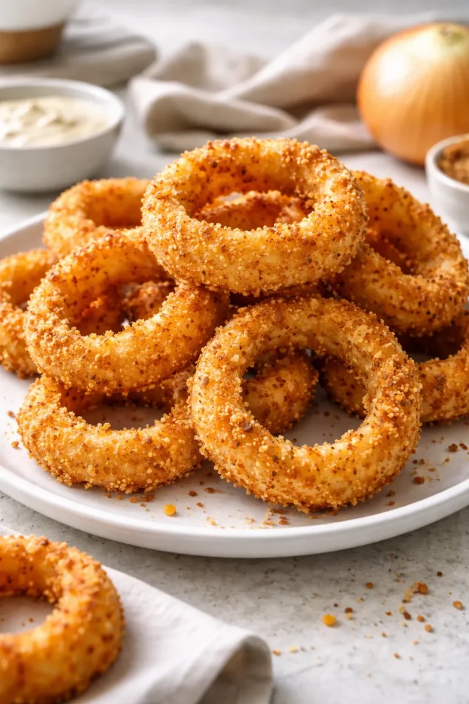12 Air Fryer Dinners Crispy Without the Oil 9 Crispy air fryer onion rings on plate