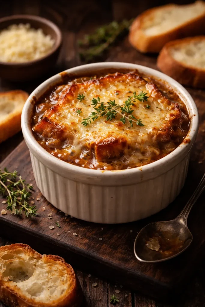 10 Homemade Soup Recipes for Any Season 5 Ramekin of French Onion Soup with melted cheese crust