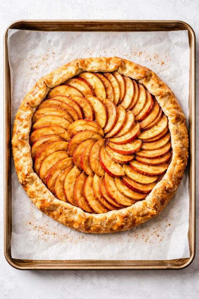 Open-face apple pie with arranged apple slices on bottom crust