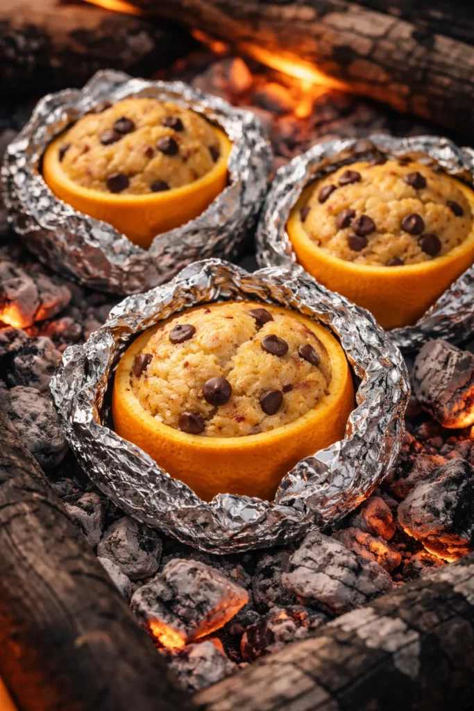 10 Campfire Recipes Even Kids Can Help With 10 Orange half filled with muffin batter baking in foil over coals