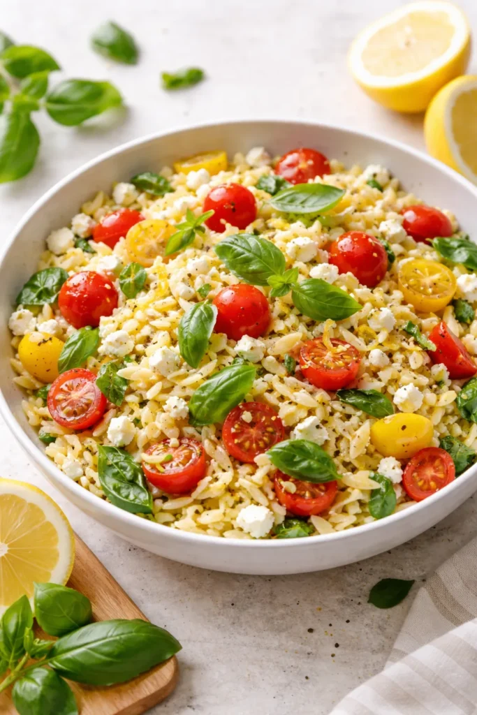 Lemon basil orzo salad with feta and cherry tomatoes in bowl