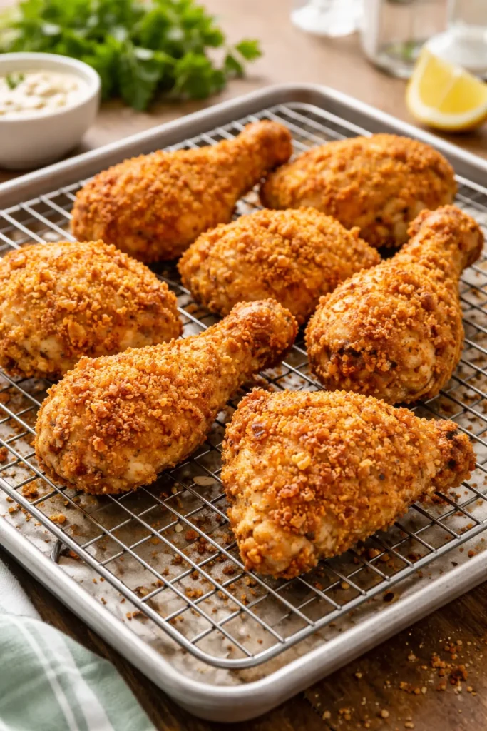 Crispy oven-fried chicken on a wire rack