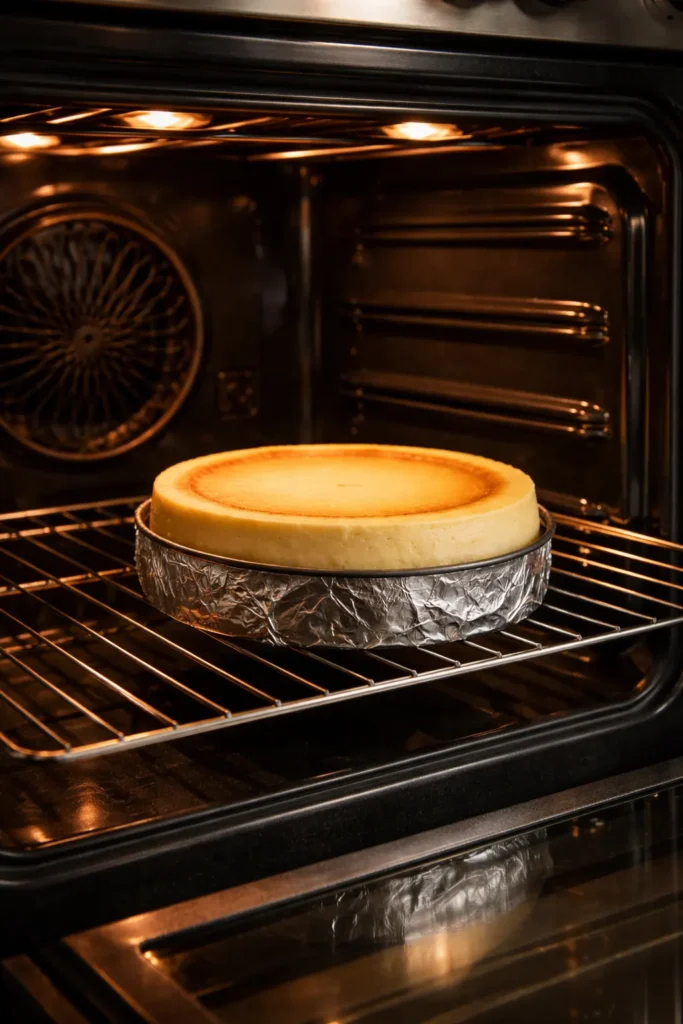 How to Bake a Rich Cheesecake Without Cracking 5 Cheesecake on a lower oven rack inside an open oven