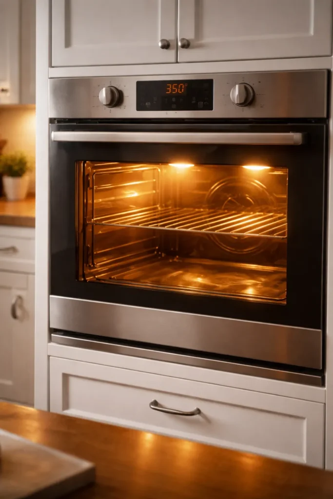 10 Baking Tips Every Beginner Needs to Know 5 Oven glowing warm during preheat in a clean kitchen