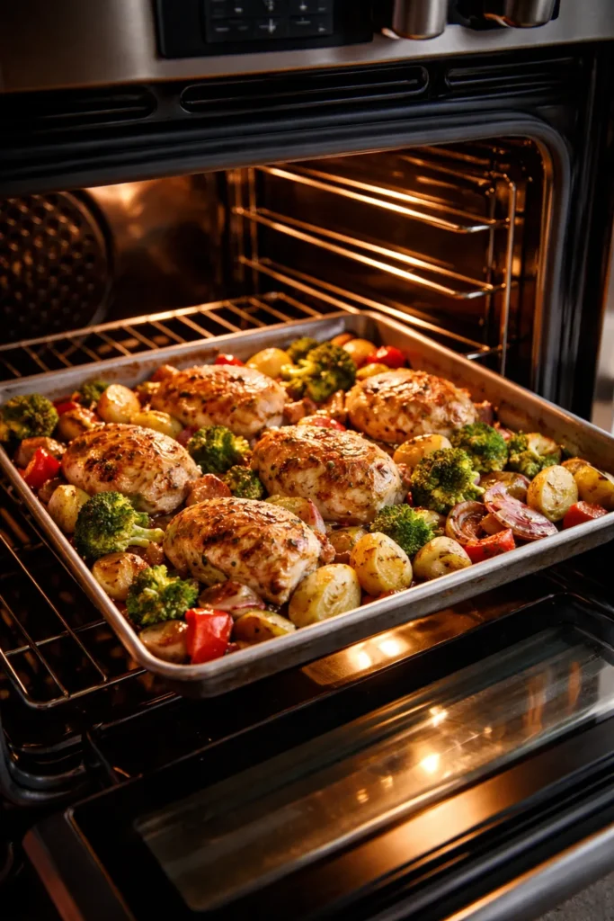 10 Oven-Baked Meals for Easy Weeknight Dinners 1 Oven interior with sheet pan roasting vegetables and chicken in warm light