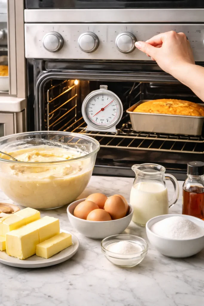 Moist Buttermilk Pound Cake that Won't Dry Out 10 Oven thermometer and mixing bowls on a clean counter illustrating baking tips